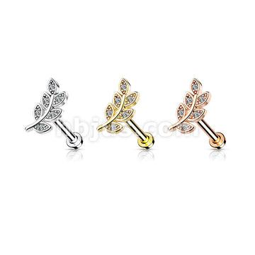 Micro CZ Paved Leaf Top on Internally Threaded 316L Surgical Steel Flat... - Image 7
