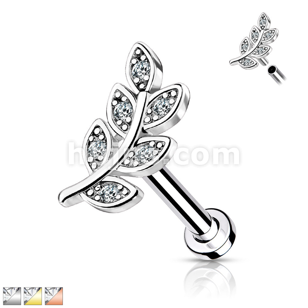 Micro CZ Paved Leaf Top on Internally Threaded 316L Surgical Steel Flat... - Image 2