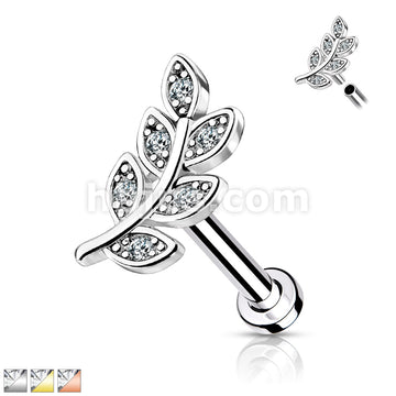 Micro CZ Paved Leaf Top on Internally Threaded 316L Surgical Steel Flat... - Image 2