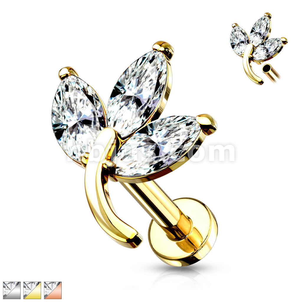 3-Marquise CZ Leaf Top on Internally Threaded 316L Surgical Steel Flat... - Image 2