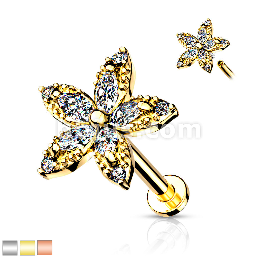 Marquise CZ Flower Top on Internally Threaded 316L Surgical Steel Flat... - Image 2