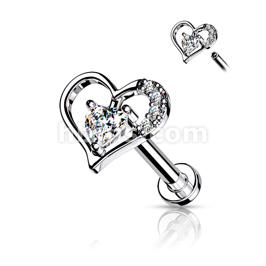 Paved Heart Contour With Heart CZ Solitaire on Internally Threaded 316L... - Image 3