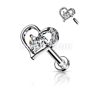 Paved Heart Contour With Heart CZ Solitaire on Internally Threaded 316L... - Image 3