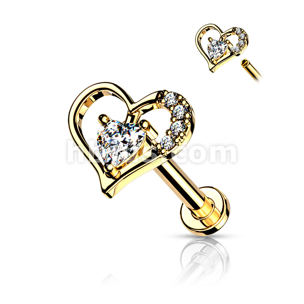 Paved Heart Contour With Heart CZ Solitaire on Internally Threaded 316L... - Image 4