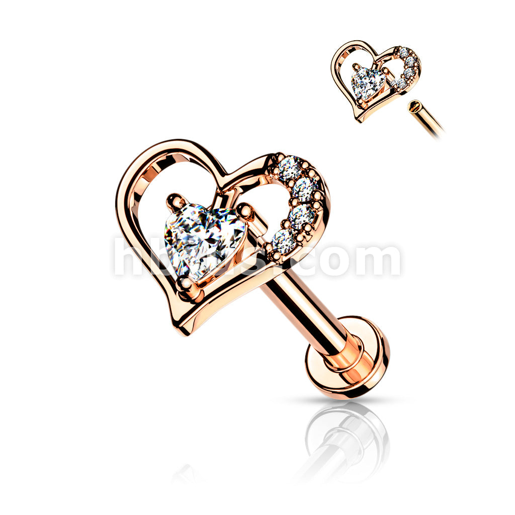 Paved Heart Contour With Heart CZ Solitaire on Internally Threaded 316L... - Image 5