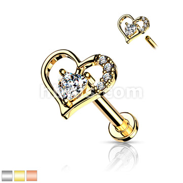 Paved Heart Contour With Heart CZ Solitaire on Internally Threaded 316L... - Image 2