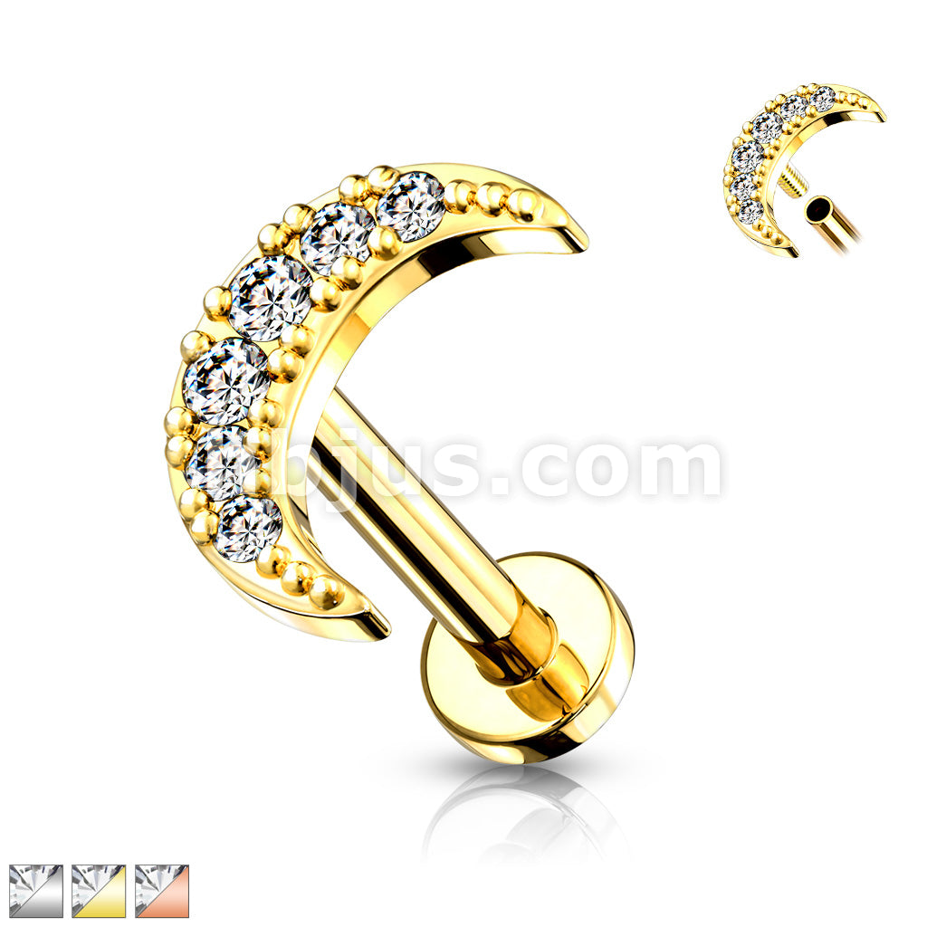 CZ Paved Crescent Moon Top on Internally Threaded 316L Surgical Steel... - Image 2