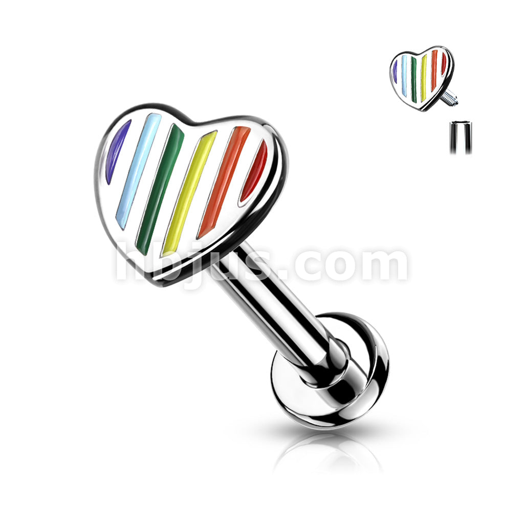 Rainbow Striped Heart Top Internally Threaded 316L Surgical Steel Flat... - Image 2