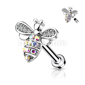 Micro CZ Paved Bee With AB Crystals on Internally Threaded 316L... - Image 3