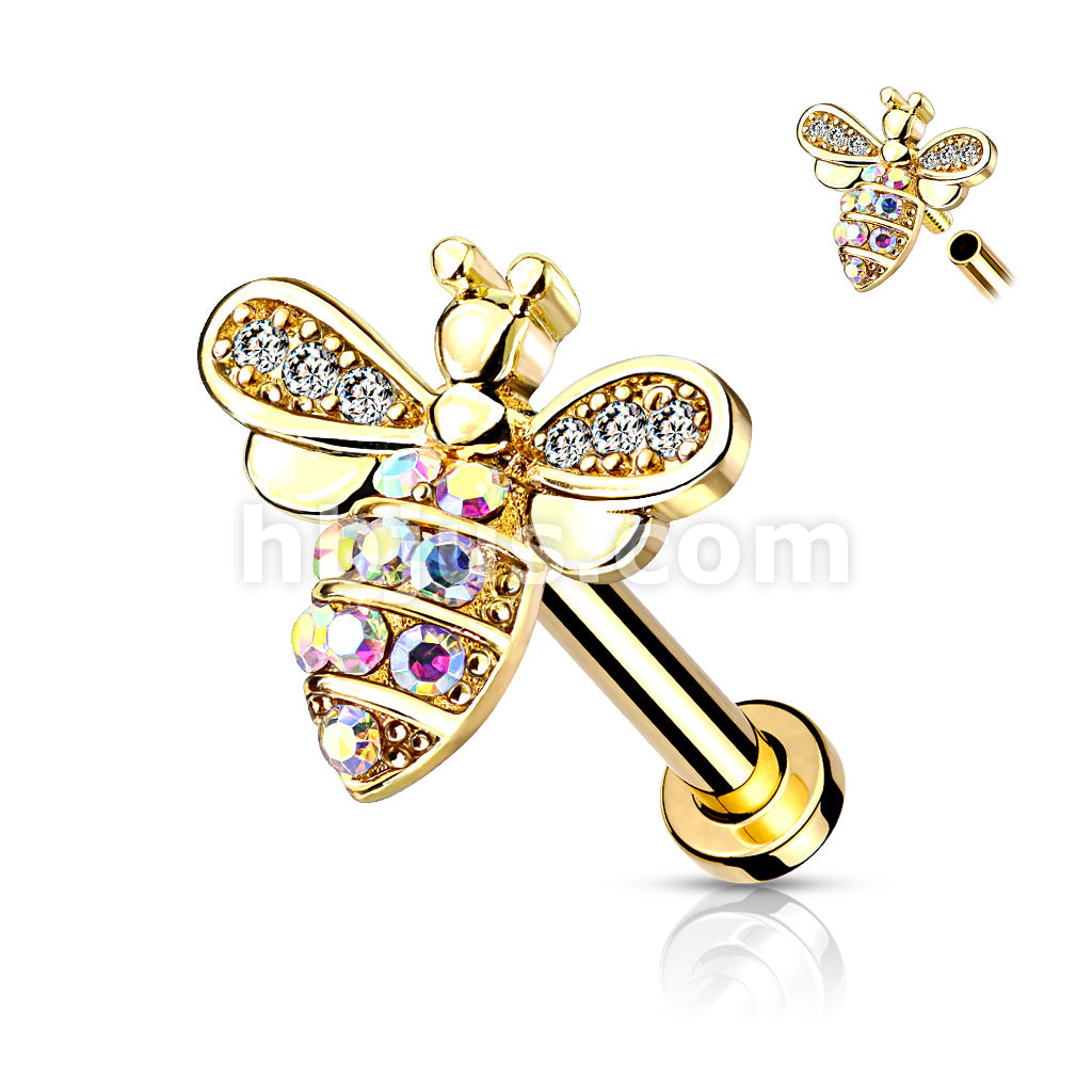 Micro CZ Paved Bee With AB Crystals on Internally Threaded 316L... - Image 4