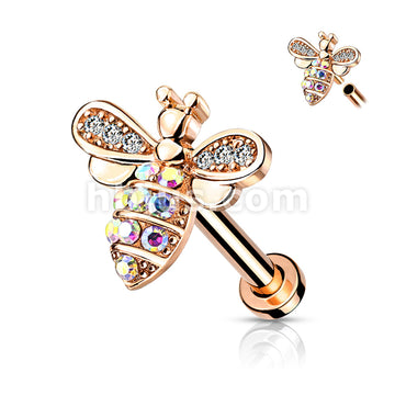 Micro CZ Paved Bee With AB Crystals on Internally Threaded 316L... - Image 5