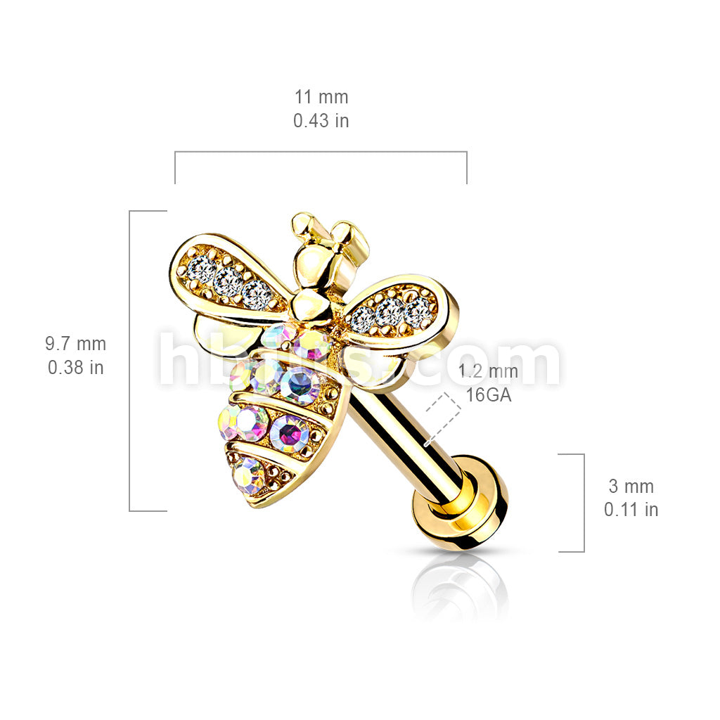 Micro CZ Paved Bee With AB Crystals on Internally Threaded 316L... - Image 6