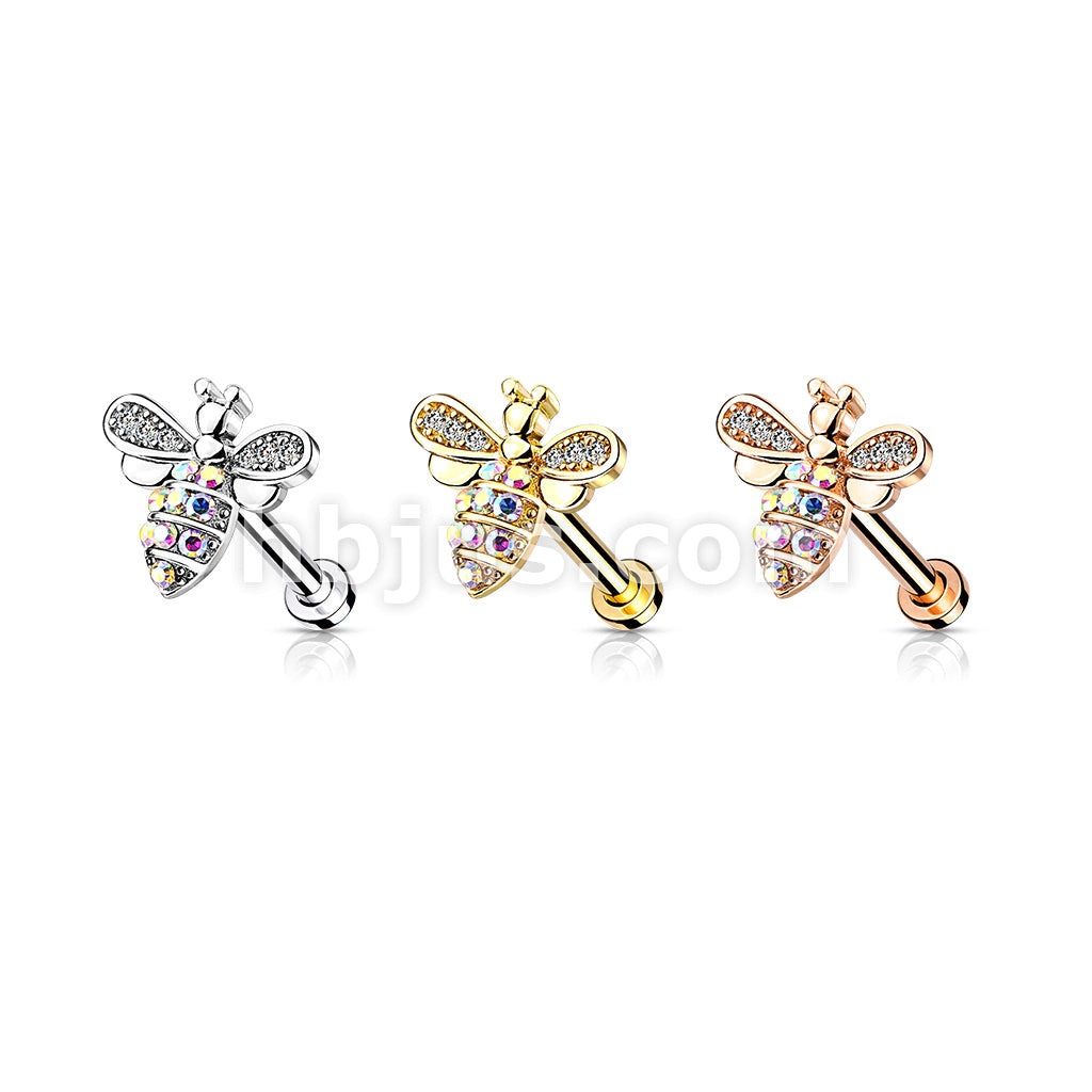 Micro CZ Paved Bee With AB Crystals on Internally Threaded 316L... - Image 7