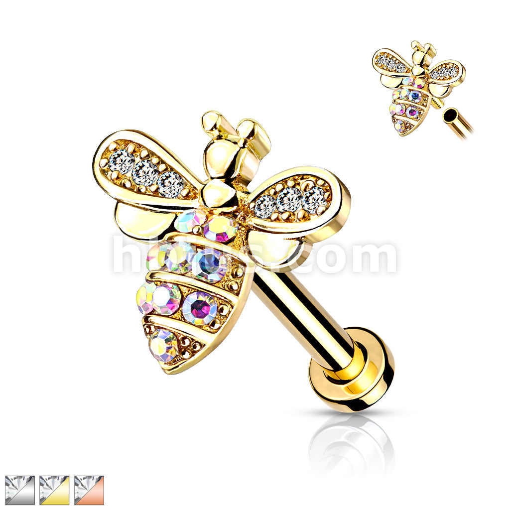 Micro CZ Paved Bee With AB Crystals on Internally Threaded 316L... - Image 2