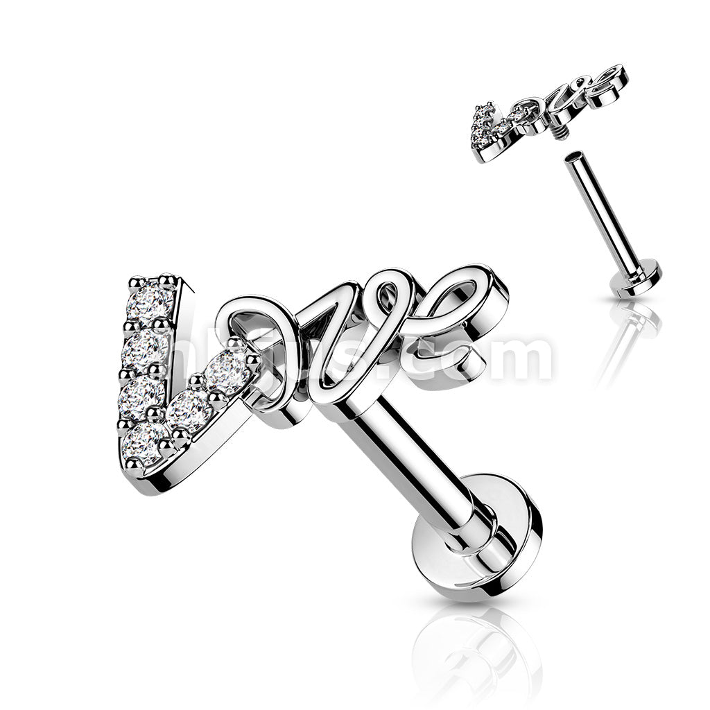 Love With CZ Paved Top on Internally Threaded 316L Surgical Steel Flat... - Image 3