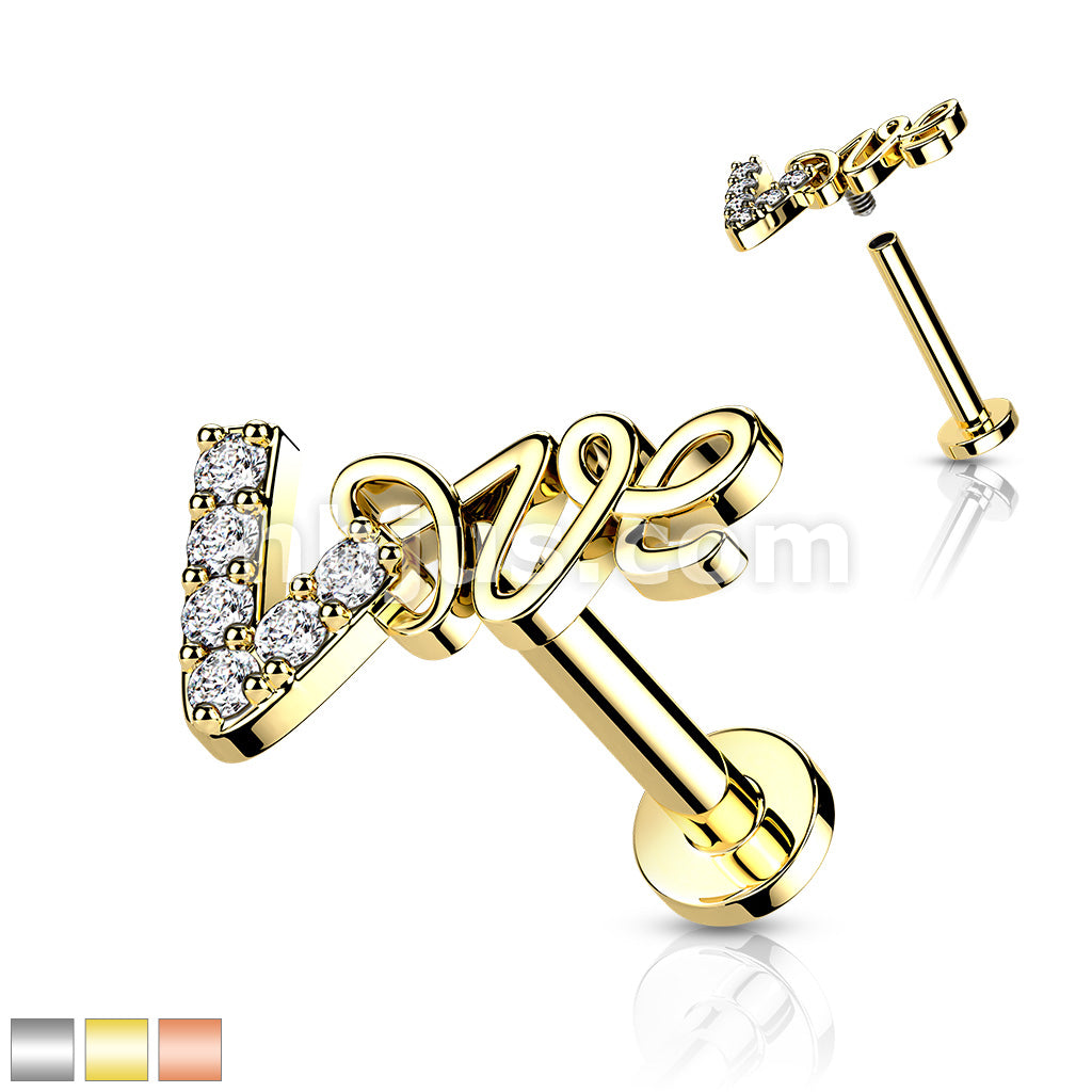Love With CZ Paved Top on Internally Threaded 316L Surgical Steel Flat... - Image 2