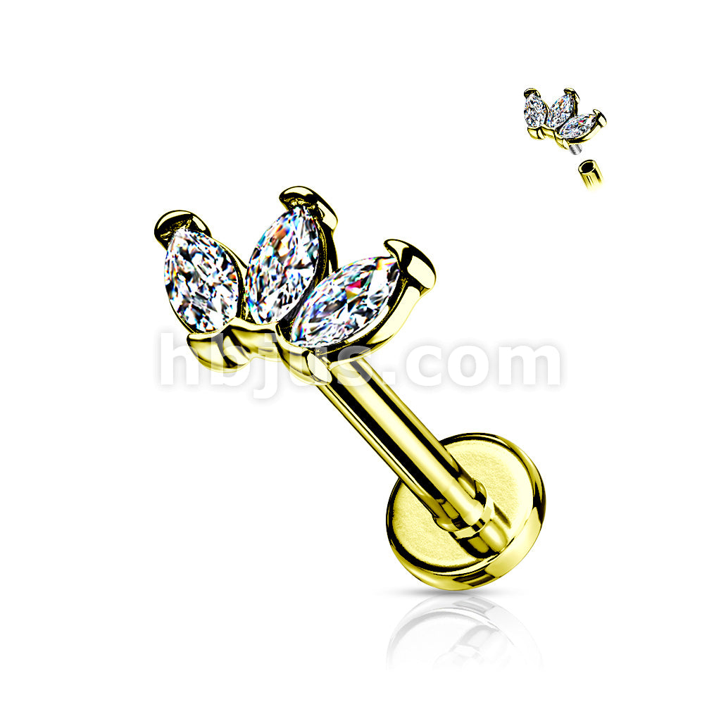 Triple Marquise CZ on Internally Threaded 316L Surgical Steel Flat Back... - Image 3