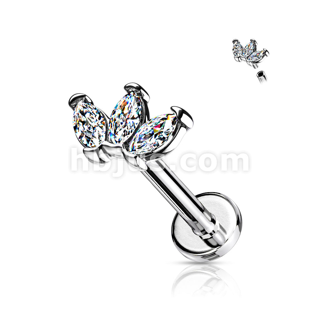 Triple Marquise CZ on Internally Threaded 316L Surgical Steel Flat Back... - Image 5
