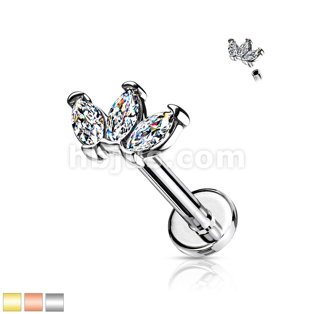Triple Marquise CZ on Internally Threaded 316L Surgical Steel Flat Back... - Image 2