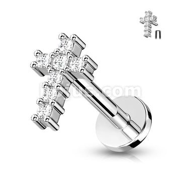 Round CZ Paved Cross Top Internally Threaded 316L Surgical Steel Flat... - Image 5