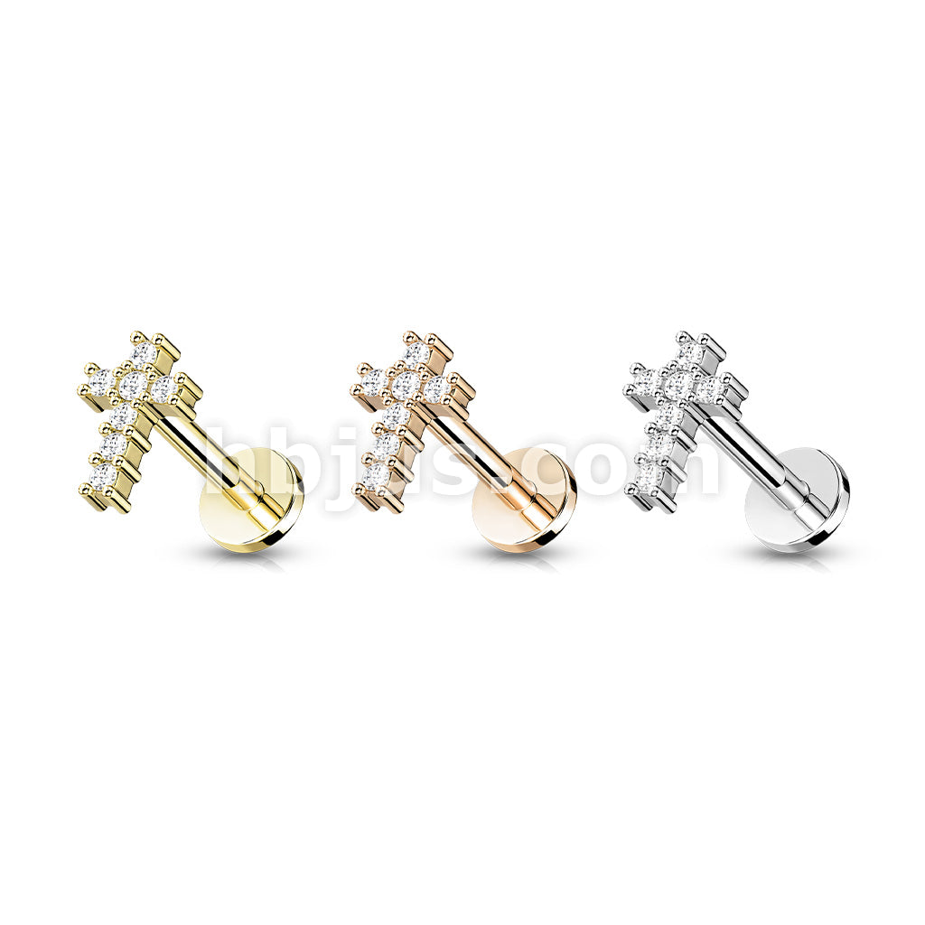 Round CZ Paved Cross Top Internally Threaded 316L Surgical Steel Flat... - Image 7