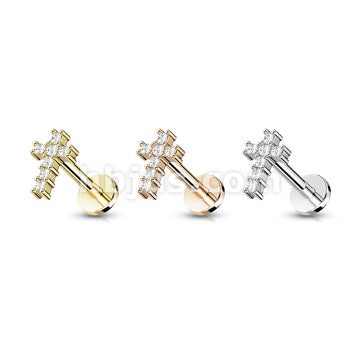 Round CZ Paved Cross Top Internally Threaded 316L Surgical Steel Flat... - Image 7