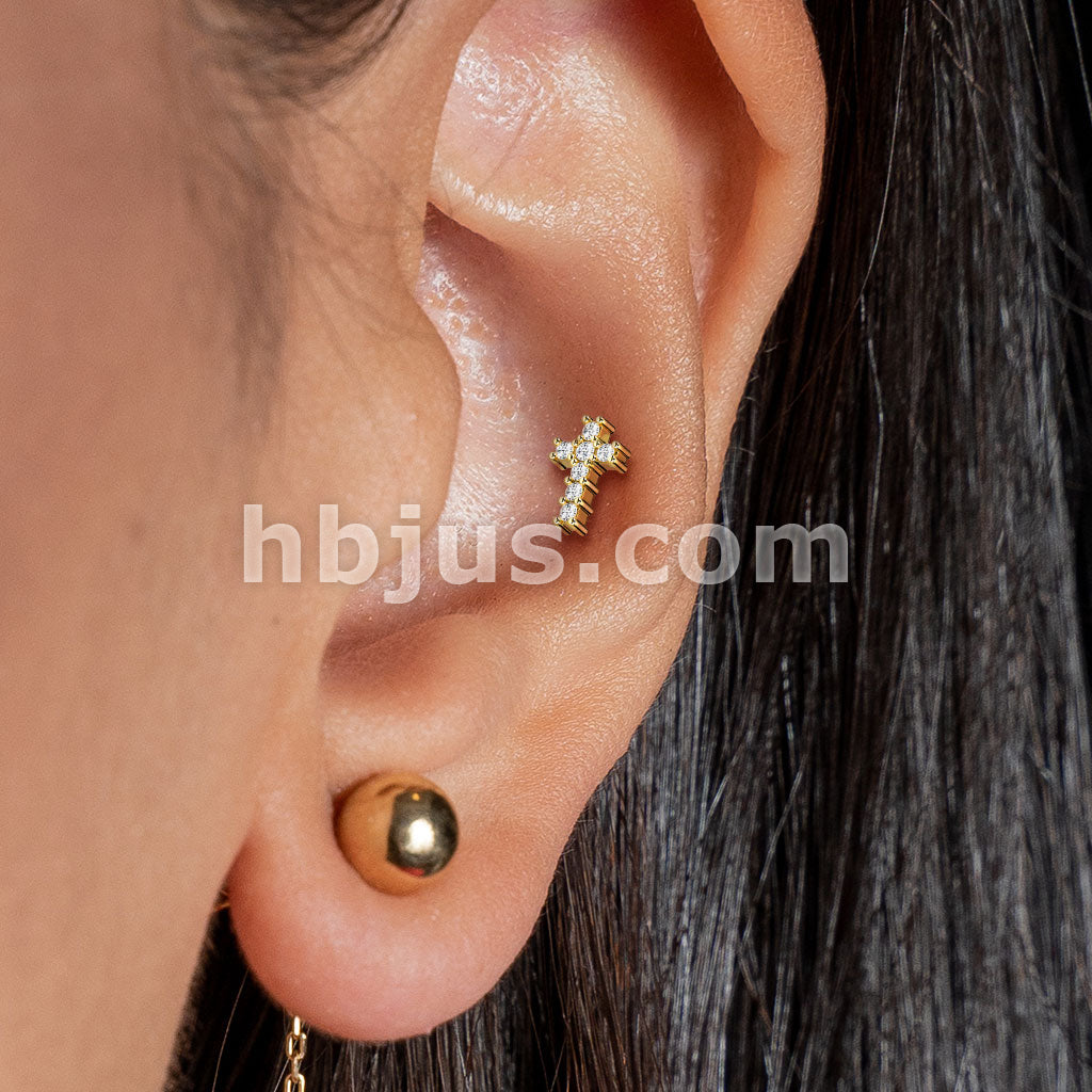 Round CZ Paved Cross Top Internally Threaded 316L Surgical Steel Flat... - Image 8