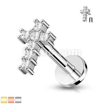 Round CZ Paved Cross Top Internally Threaded 316L Surgical Steel Flat... - Image 2