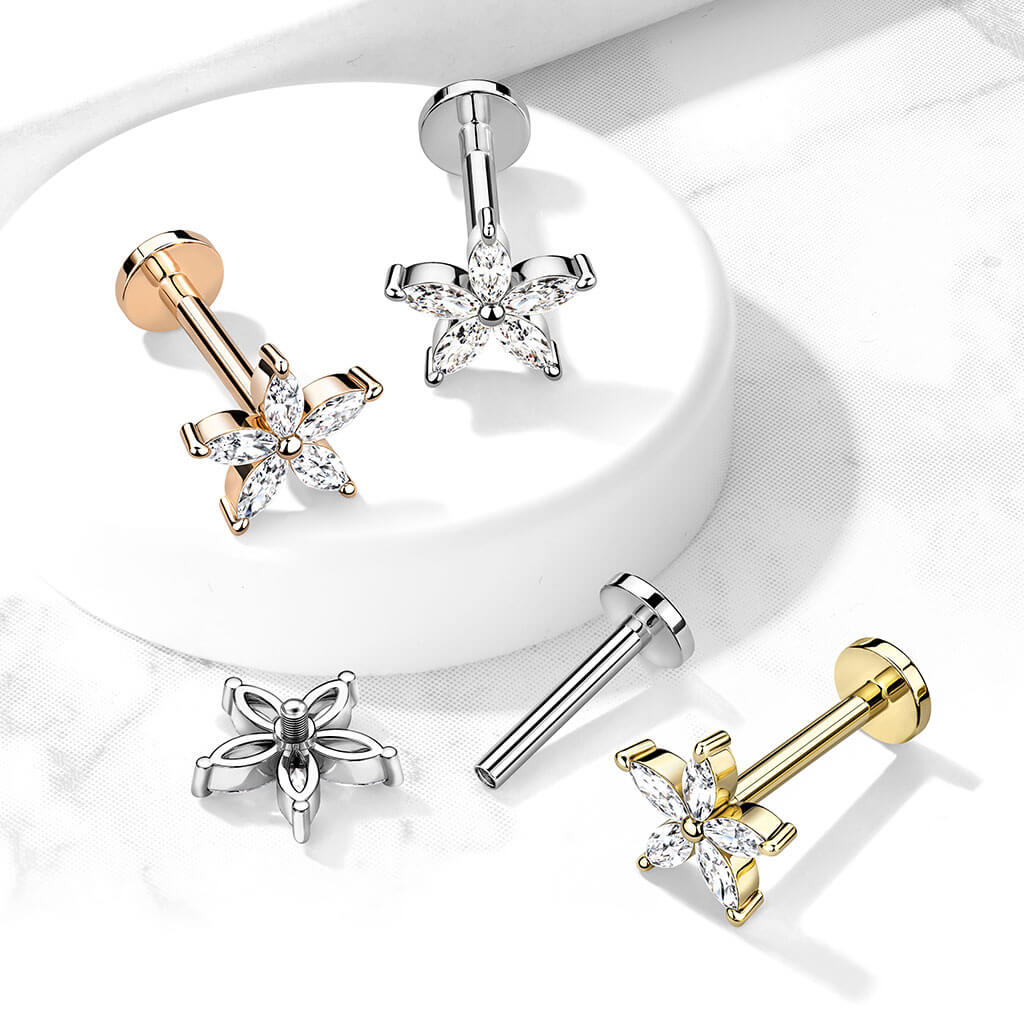 5 Marquise CZ Petals Flower Top on Internally Threaded 316L Surgical...