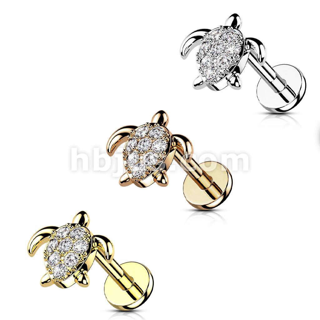 CZ Paved Turtle Internally Threaded 316L Surgical Steel Flat Back Studs... - Image 7