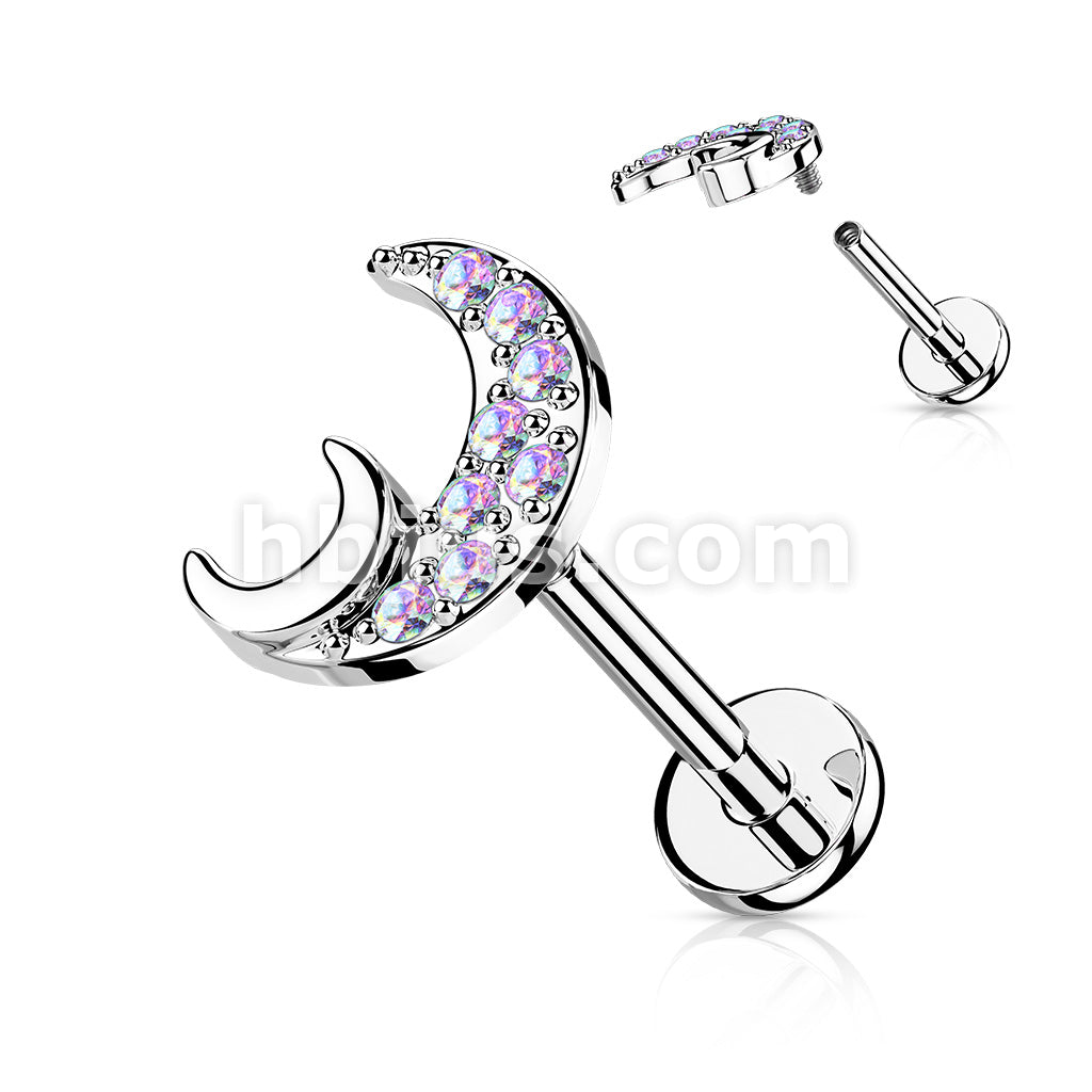 CZ Paved Crescent Moon Internally Threaded 316L Surgical Steel Flat... - Image 3