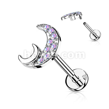 CZ Paved Crescent Moon Internally Threaded 316L Surgical Steel Flat... - Image 3