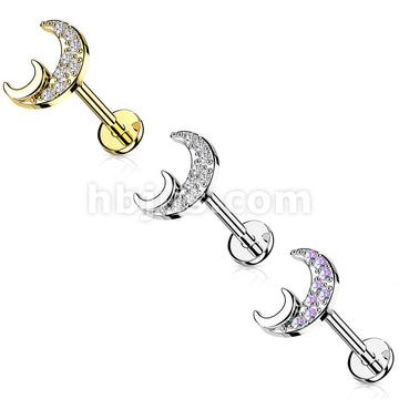 CZ Paved Crescent Moon Internally Threaded 316L Surgical Steel Flat... - Image 7