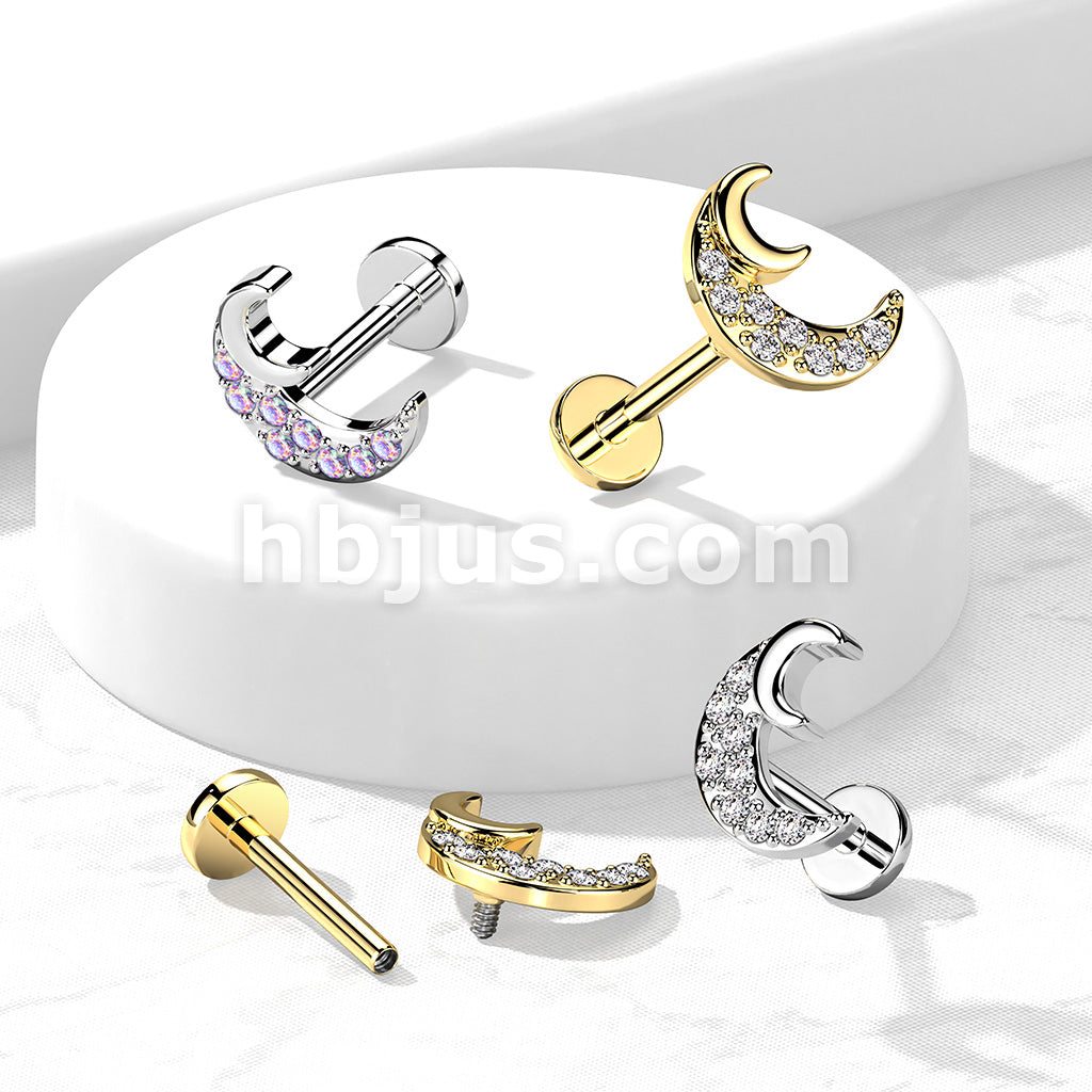 CZ Paved Crescent Moon Internally Threaded 316L Surgical Steel Flat...