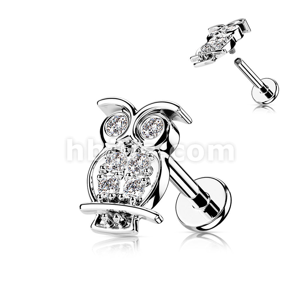 CZ Paved Owl Top on Internally Threaded 316L Surgical Steel Flat Back... - Image 2