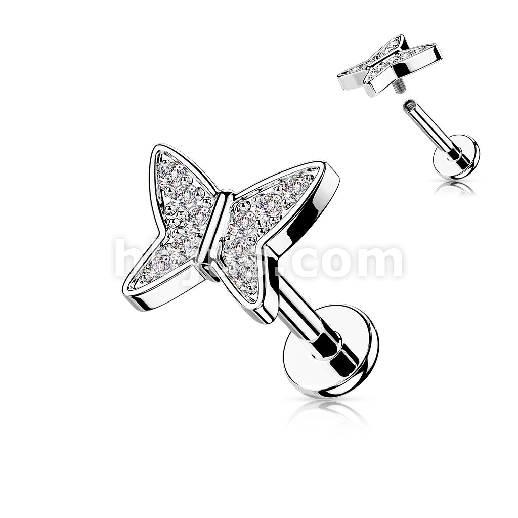 CZ Paved Butterfly Top on Internally Threaded 316L Surgical Steel Flat... - Image 2