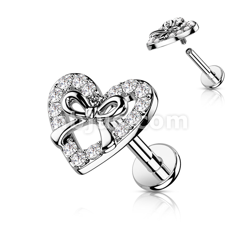 CZ Paved Heart With Ribbon Center Top on Internally Threaded 316L... - Image 2