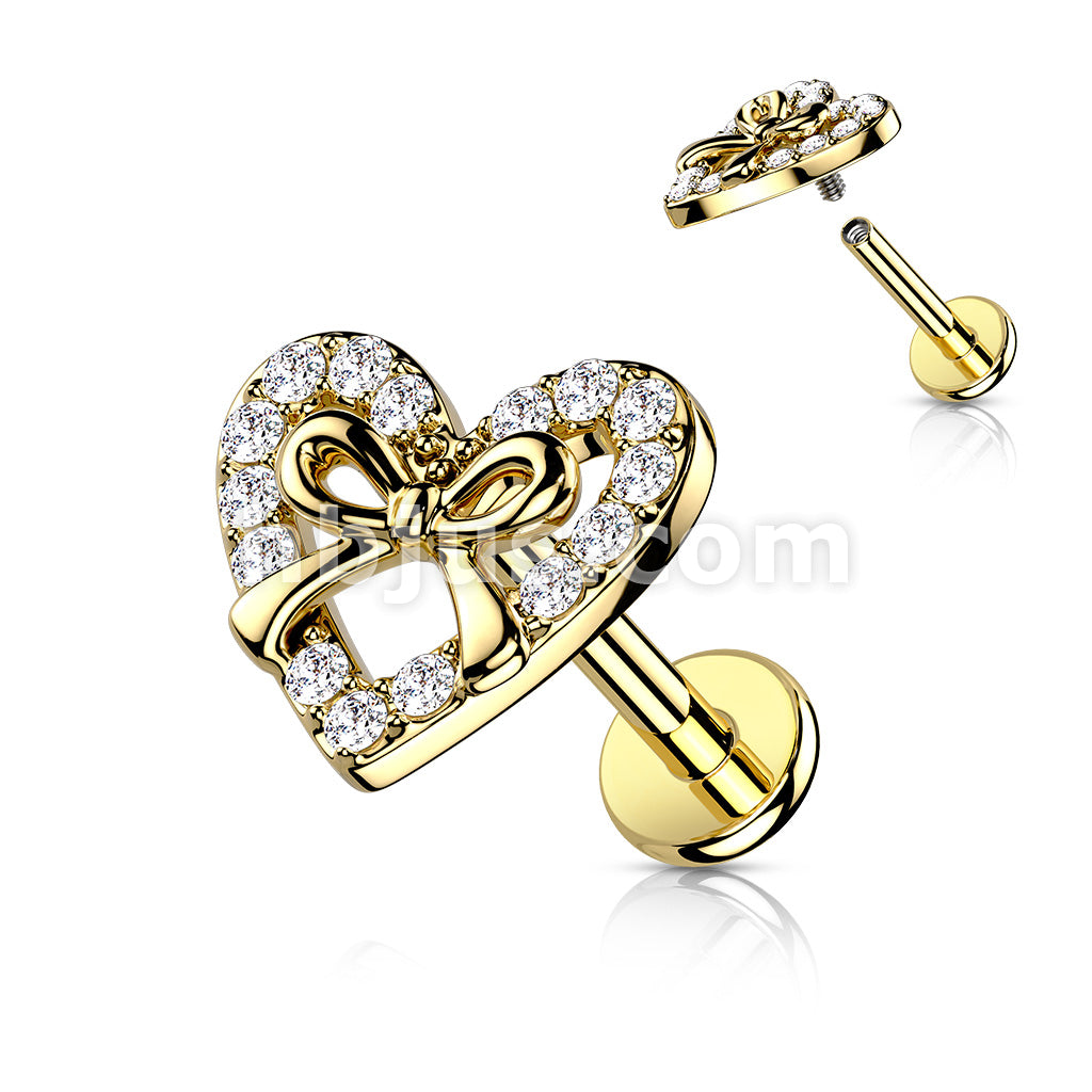 CZ Paved Heart With Ribbon Center Top on Internally Threaded 316L... - Image 3