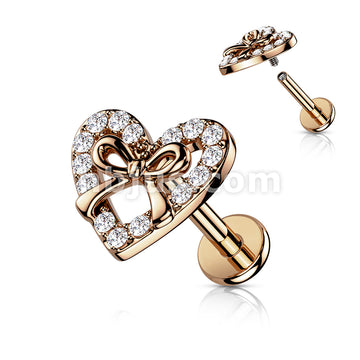 CZ Paved Heart With Ribbon Center Top on Internally Threaded 316L... - Image 4