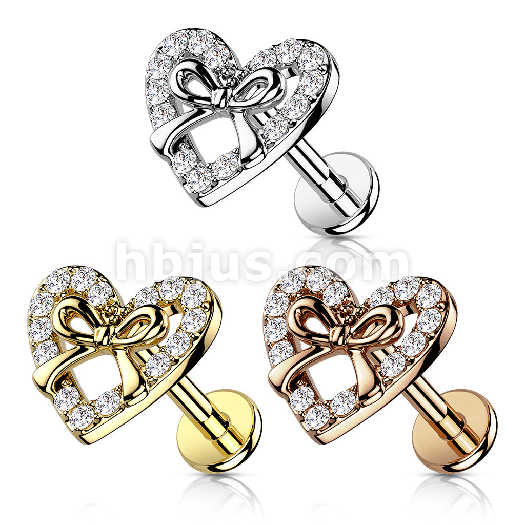 CZ Paved Heart With Ribbon Center Top on Internally Threaded 316L... - Image 6