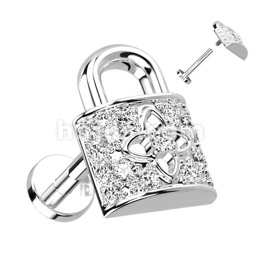 CZ Paved Lock Top on Internally Threaded 316L Surgical Steel Flat Back... - Image 2