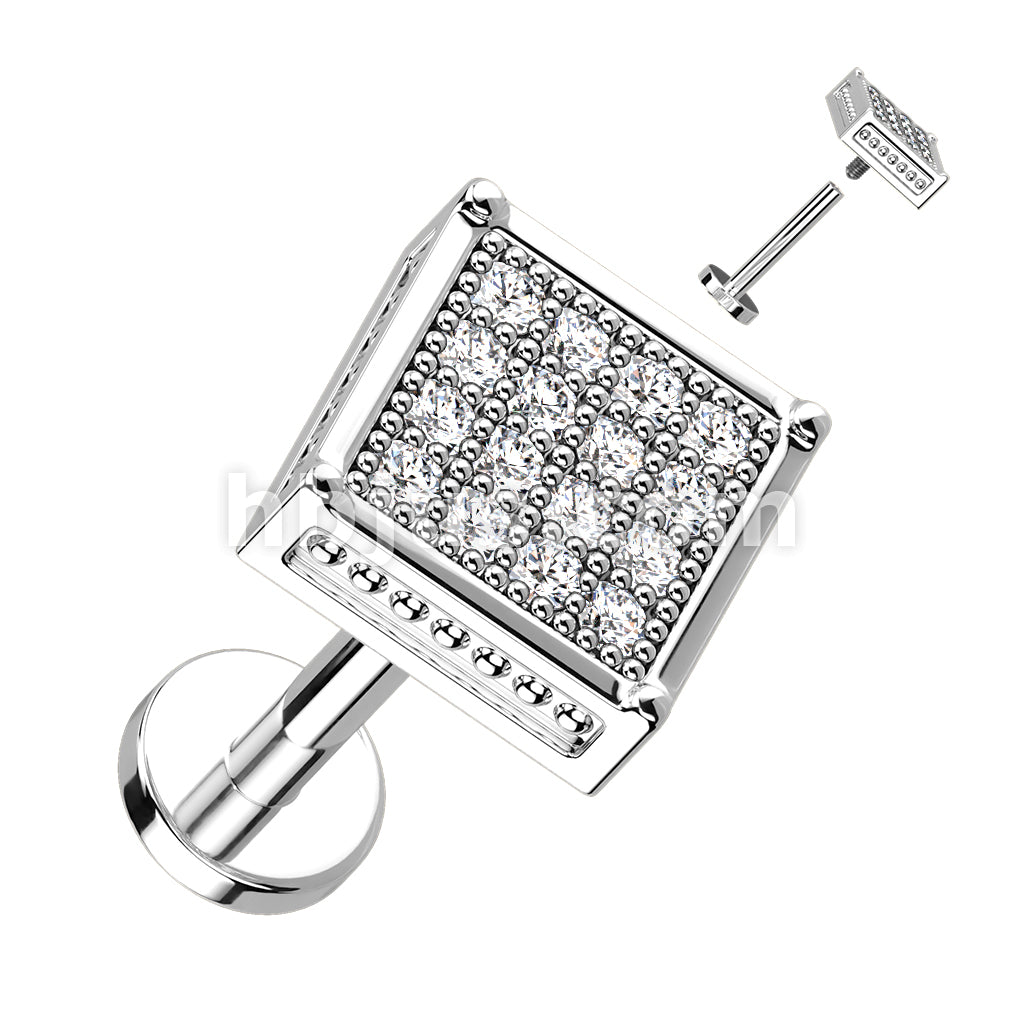 CZ Paved Square Top on Internally Threaded 316L Surgical Steel Flat... - Image 2