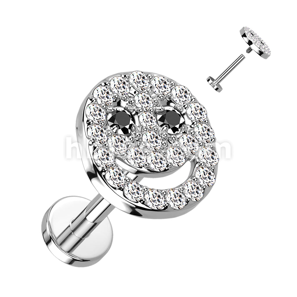 CZ Paved Smiley Face With Black CZ Eyes on Internally Threaded 316L... - Image 2