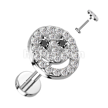 CZ Paved Smiley Face With Black CZ Eyes on Internally Threaded 316L... - Image 2