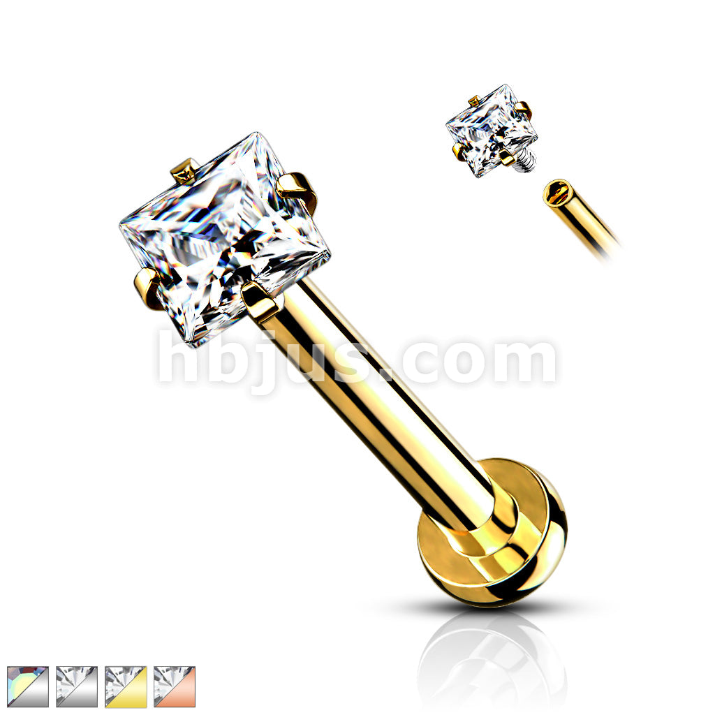Sqaure CZ Prong Set Top Internally Threaded 316L Surgical Steel Labret,... - Image 2