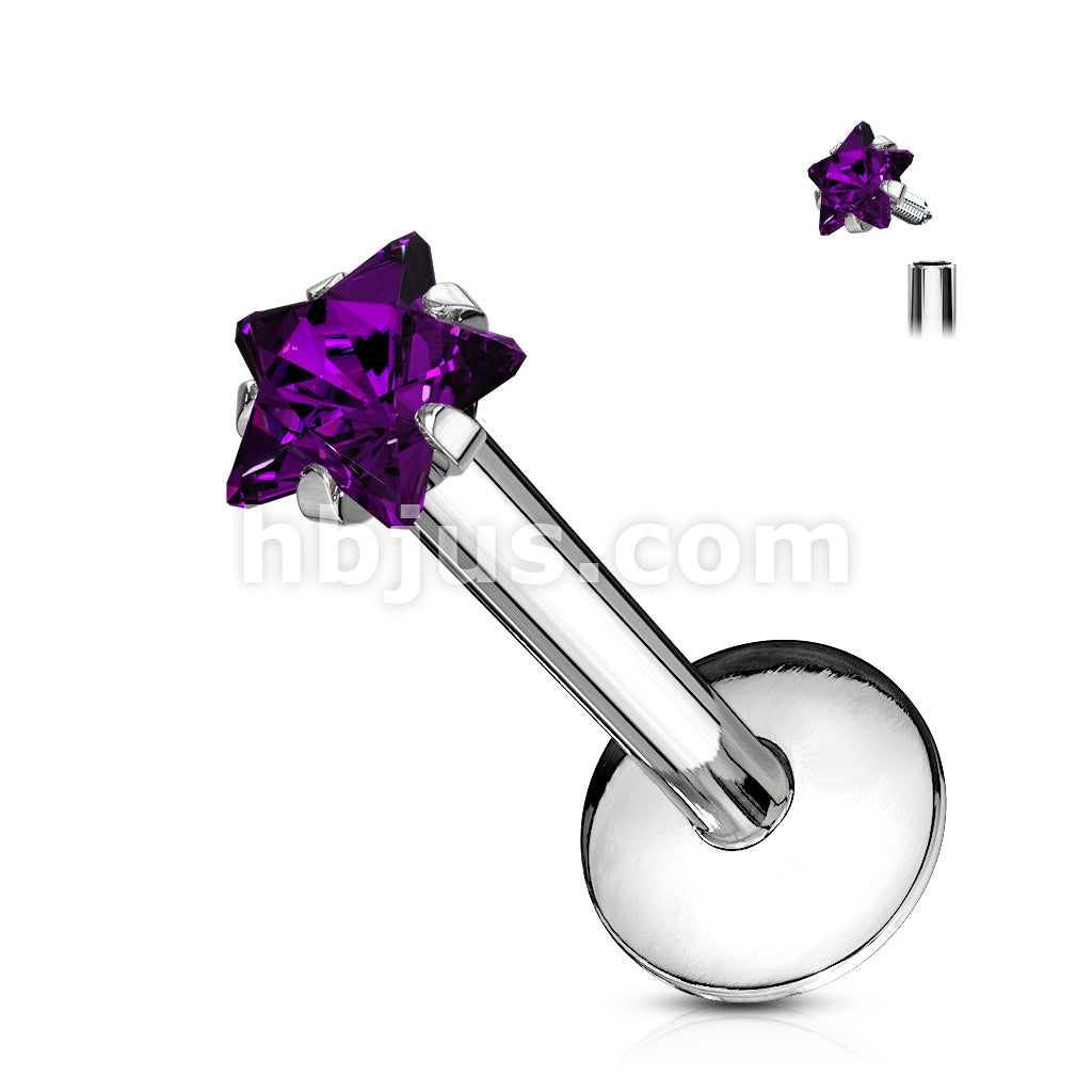 Star Gem Prong Set Labret 316L Surgical Steel Internally Threaded - Image 2