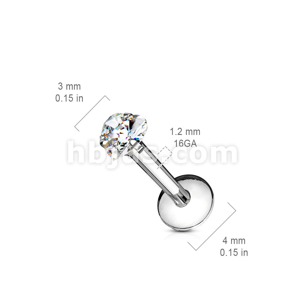 Heart CZ Prong Set Labret 316L Surgical Steel Internally Threaded - Image 2