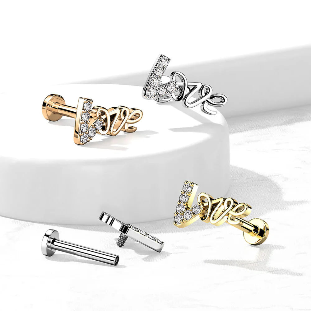 Love With CZ Paved Top on Internally Threaded 316L Surgical Steel Flat...