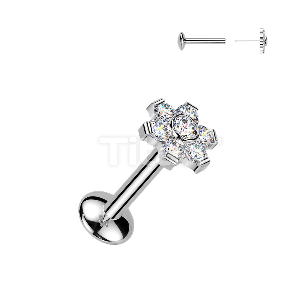 Titanium Threadless Push In Convex Base Labret With Flower Moissanite Top - Image 3