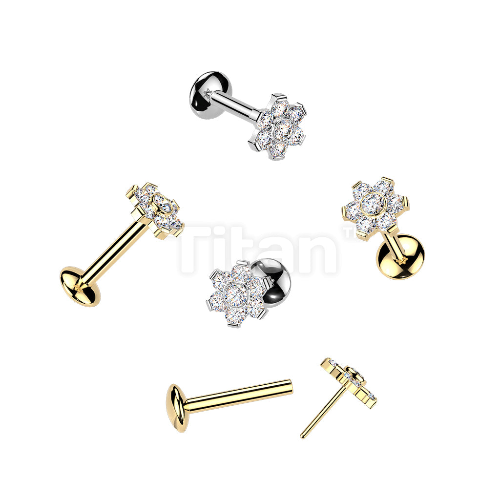 Titanium Threadless Push In Convex Base Labret With Flower Moissanite Top